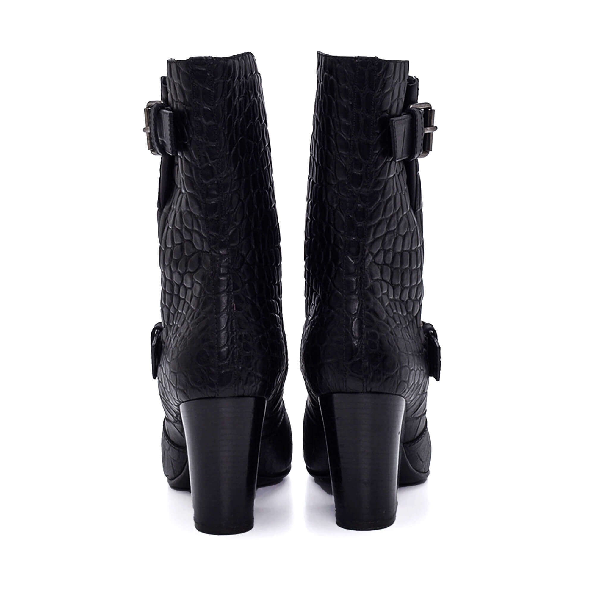 Giuseppe Zanotti - Black Leather Crocodile Embossed Double Buckle Boots